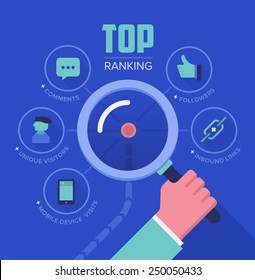 Concept illustration of tracking and analyzing website ranking, popularity growth, unique visitors, inbound links, number of followers and comments. SEO and digital marketing concept