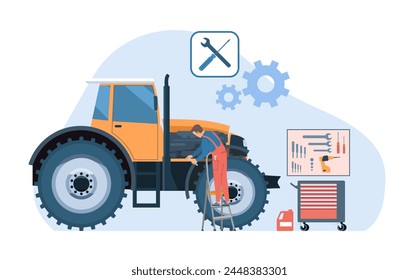 Concept illustration of tractor repair. A mechanic works with a wrench in an engine. Vector illustration.