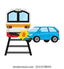 concept illustration of a train having an accident or hitting a car, flat style vector illustration.