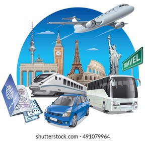 concept illustration of transport for travel around the world