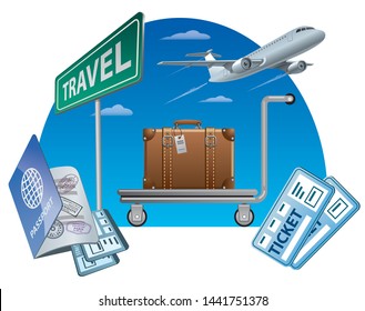 concept illustration of travel around the world, transport and passport with tickets