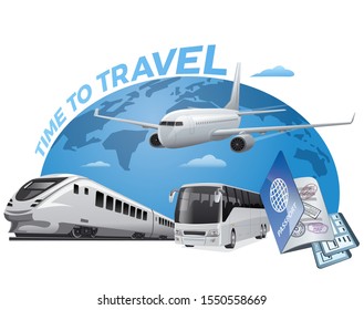 concept illustration of travel around the world by airplane, bus and train