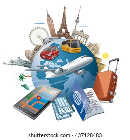 concept illustration of travel around the world famous landmarks by transport air, car, train