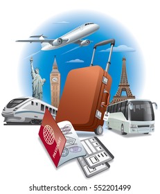 concept illustration of travel around the world, transport and passport with tickets