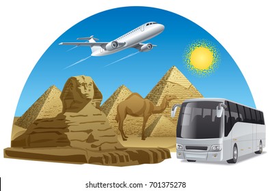 concept illustration of travel journey in egypt by bus and airplane