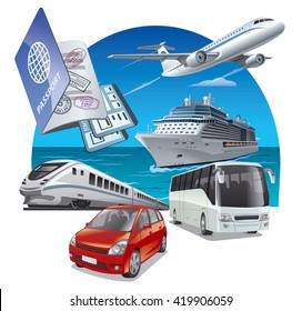 concept illustration of travel and journey transport, car, airplane, bus and train