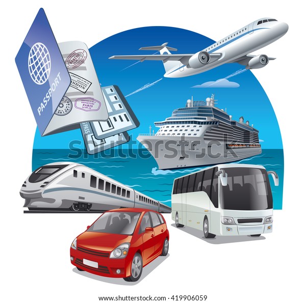 concept illustration of travel and journey\
transport, car, airplane, bus and\
train