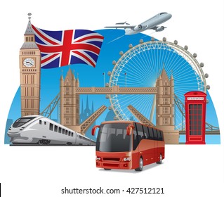 concept illustration of travel and tour in england and london by train, airplane and bus