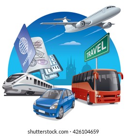 Concept Illustration Of Travel And Transport, Car, Airplane, Bus And Train