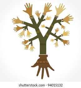 Concept illustration. The tree with the hands to decorate the rings.