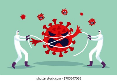 Concept illustration, two doctors are fighting the spread of the virus during the pandemic CoVID-19. The fight against the virus, a poster in a cartoon style. Vector illustration