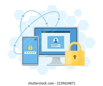 Ilustración conceptual de la autenticación de dos factores (autenticación de dos pasos). 　Seguridad de control de acceso. Pantalla de inicio de sesión.