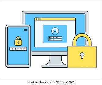 Concept illustration of two-factor authentication (two-step authentication). Access Control Security. Login screen. Line art.