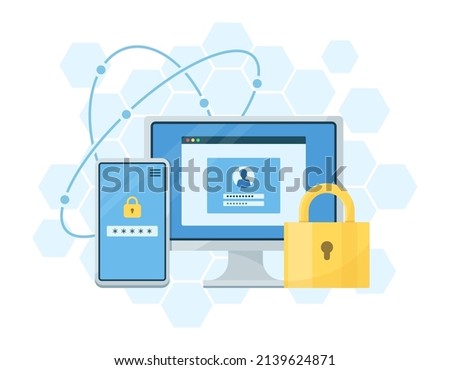 Concept illustration of two-factor authentication (two-step authentication). Access Control Security. Login screen.
