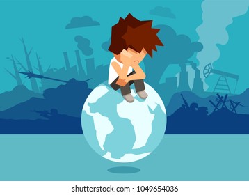 Concept illustration of unhappy abandoned boy sitting on globe and suffering from climate change and war and global problems. 