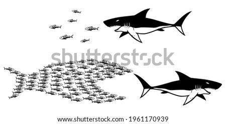 Concept illustration for unity and strength in numbers, with shark and small fishes.
