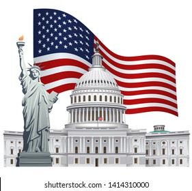 concept illustration of usa flag with landmarks