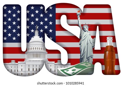 concept illustration of usa incscription with landmarks