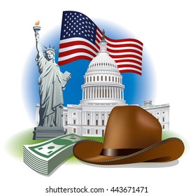 concept illustration of usa landmarks and american symbols