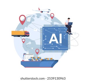 Concept illustration of the use of AI in logistics. Vector illustration.