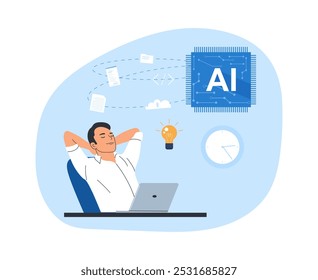 Concept illustration of using artificial intelligence to improve productivity. Employee finds new ideas using AI. Vector illustration.