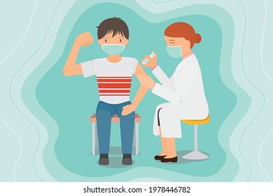 concept illustration for vaccination and immunity health, A doctor injects a vaccine to a man and he raises a fist to show that is fine. Both of them protect themselves by wearing masks.