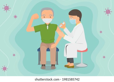 Concept illustration for vaccination and immunity health, a doctor injects a vaccine to an elderly man and he raises a fist to show that is fine. They wear masks to protect themselves from virus.