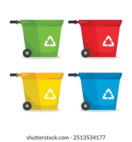 Ilustración conceptual de varios botes de basura de colores, contenedores de separación de residuos, Ilustración vectorial de estilo plano.