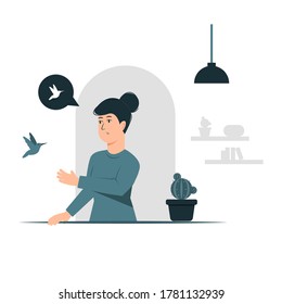 Ilustración conceptual de diseño gráfico vectorial de una mujer hablando con un pájaro. diseño plano de estilo relleno. Elementos de diseño de vectores. Ideal para tu negocio, web, aplicación móvil, etc.