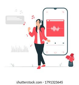 Ilustración conceptual de diseño gráfico vectorial de una mujer escuchando música con un pequeño baile. diseño plano de estilo relleno. Elementos de diseño de vectores. Ideal para tu negocio, web, aplicación móvil, etc.