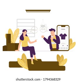 Concept illustration vector graphic design of a women and man 
make a deal/agreement in online purchases. Vector Design Elements. Great for your business, web, mobile app, ect.