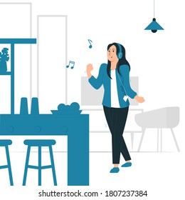 Concept illustration vector graphic design of a women standing, walking and listening to music with headphone. filled style flat design. Design Elements. Great for your business, web, mobile app.