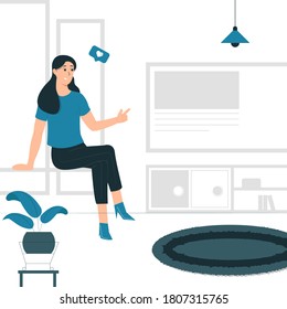 Concepto ilustrativo de diseño gráfico vectorial de una mujer mirando televisión, televisión mientras se sienta sobre la mesa. diseño plano de estilo relleno. Elementos de diseño de vectores. 