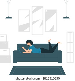 Concept illustration vector graphic design of a woman work from home while lay down. filled style flat design. Vector Design Elements. 