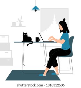 Concept illustration vector graphic design of a woman work from home accompanied by a cat. filled style flat design. Vector Design Elements. 