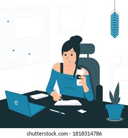Concept illustration vector graphic design of a woman work from home sitting and writing on desk. filled style flat design. Vector Design Elements. 
