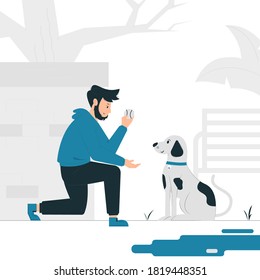 Concept illustration vector graphic design of a man playing with his dog outdoor. filled style flat design. Vector Design Elements. 