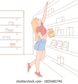 Concept illustration vector graphic design of woman reaching and grabbing chip. hand drawn character doing groceries, grocery