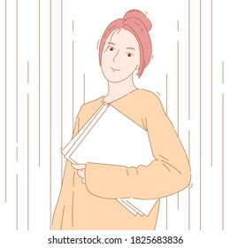 Concept illustration vector graphic design of woman holding book, paperwork. hand drawn character with smile expression