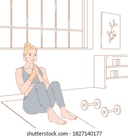 Ilustración conceptual de diseño gráfico vectorial de la mujer haciendo ejercicio, entrenamiento y fitness. carácter dibujado a mano con expresión linda