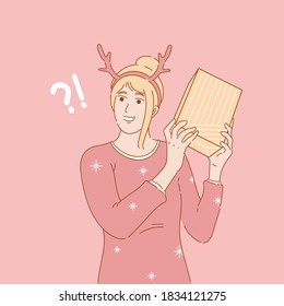 Concept illustration vector graphic design of blonde woman in sweater. hand drawn character holding Christmas gifts or present
