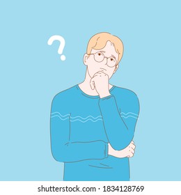 Concept illustration vector graphic design of blonde man confused, thinking, wondering. hand drawn character with handsome face 