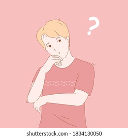 Ilustración conceptual de diseño gráfico vectorial del hombre rubio confundido, pensando, preguntándose. personaje dibujado a mano con una cara apuesto 