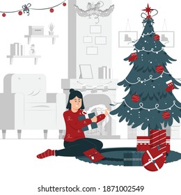 Concept Illustration Vector Graphic Design Of A Girl Open And Holding Christmas Present