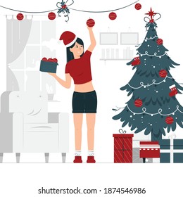 Concept illustration vector graphic design of a girl put up Christmas decorations