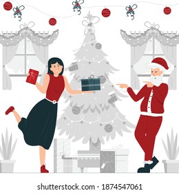Concept illustration vector graphic design of a girl and Santa holding Christmas present