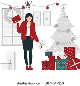 Concept illustration vector graphic design of a girl standing and holding Christmas present