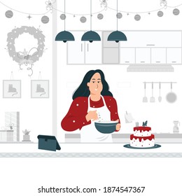 Concept illustration vector graphic design of a girl cooking and baking a  Christmas cake