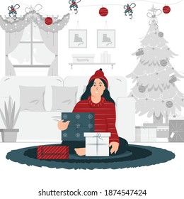 Concept illustration vector graphic design of a girl sitting and holding Christmas present