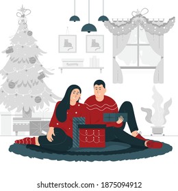 Concept illustration vector graphic design of a couple celebrating Christmas together